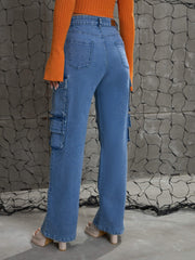 Women Blue Denim Multi Pockets Cargo Jeans