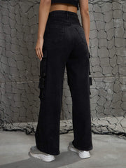 Women Black Washed Denim Multi Pockets Cargo Jeans