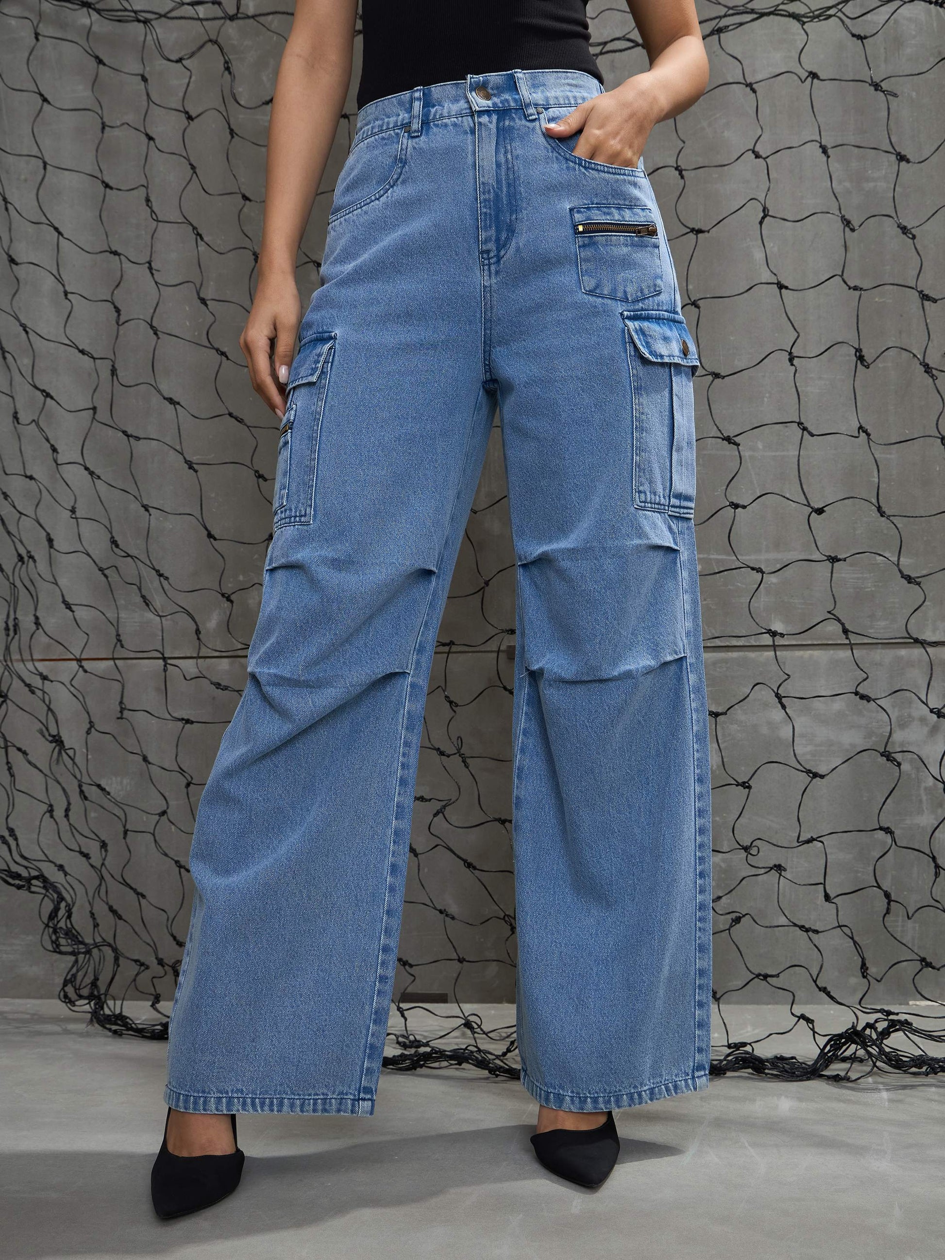 women blue denim pleated knee cargo jeans sfjean0708