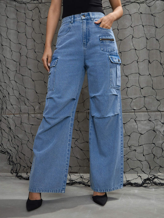 women blue denim pleated knee cargo jeans sfjean0708