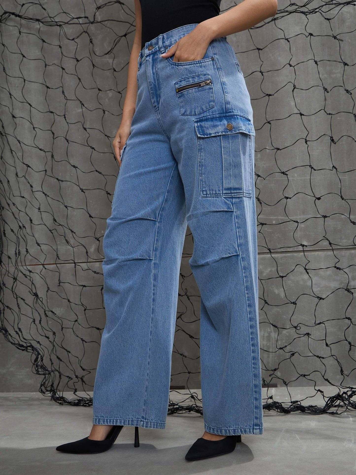 women blue denim pleated knee cargo jeans sfjean0708