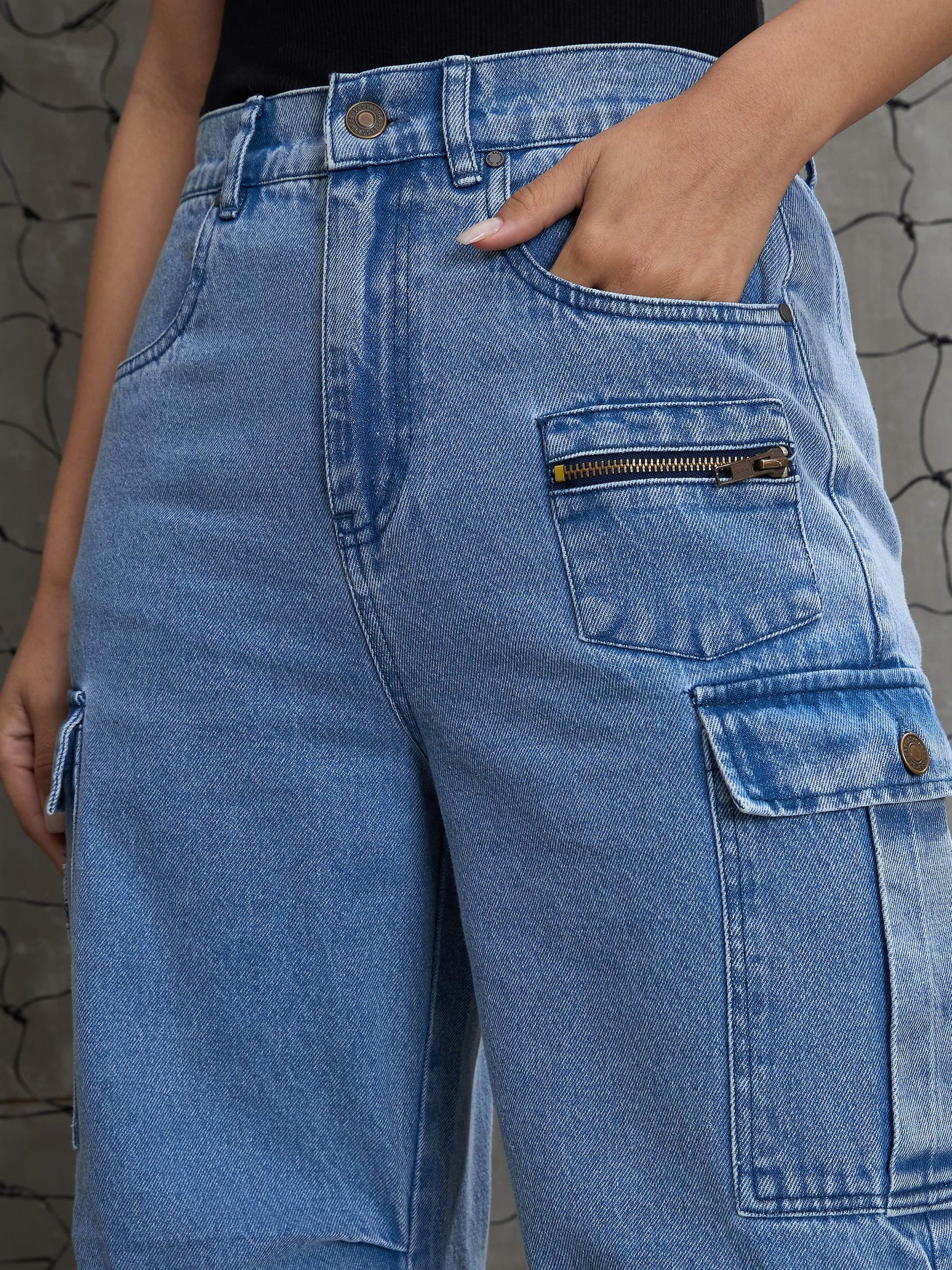 women blue denim pleated knee cargo jeans sfjean0708