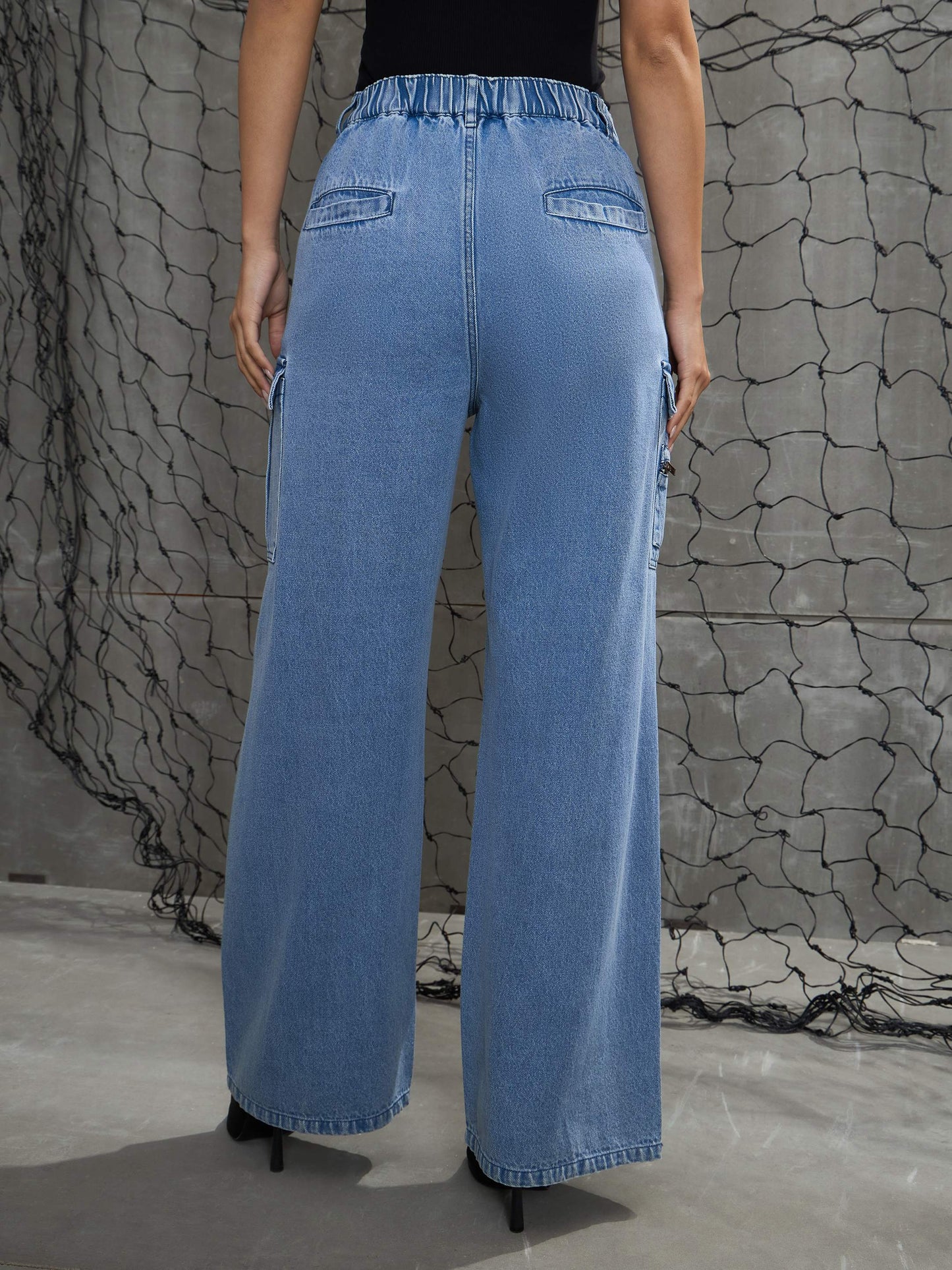 women blue denim pleated knee cargo jeans sfjean0708