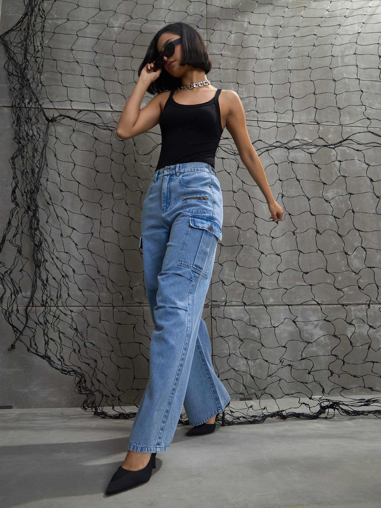 women blue denim pleated knee cargo jeans sfjean0708