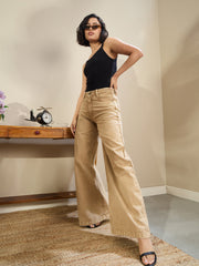 Women Beige Low Waist Wide Leg Baggy Jeans