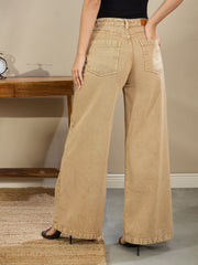 Women Beige Low Waist Wide Leg Baggy Jeans