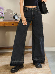 Women Black Washed Low Waist Wide Leg Jeans