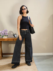 Women Black Washed Low Waist Wide Leg Jeans