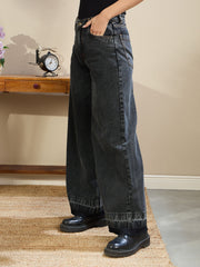 Women Black Washed Low Waist Wide Leg Jeans