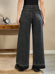 Women Black Washed Low Waist Wide Leg Jeans