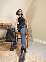 Women Black Washed Low Waist Wide Leg Jeans
