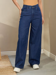 Women Navy Blue Wash High Waist Straight Fit Jeans
