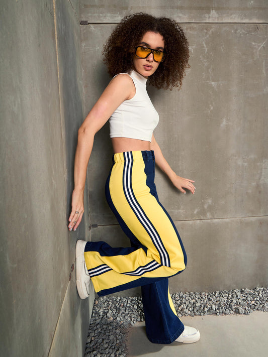 Women Blue Washed Side Tape Wide Leg Jeans