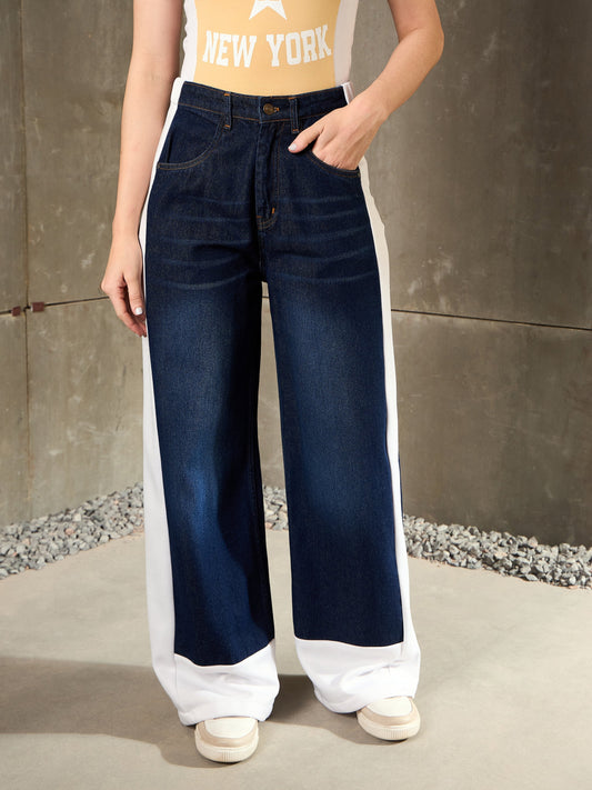 Women Navy Blue Side ColorBlock Wide Leg Jeans