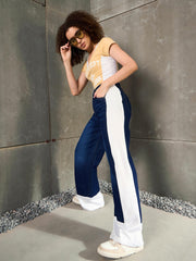 Women Navy Blue Side ColorBlock Wide Leg Jeans