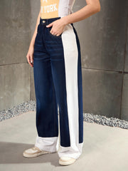 Women Navy Blue Side ColorBlock Wide Leg Jeans