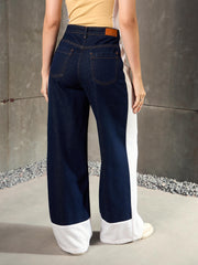 Women Navy Blue Side ColorBlock Wide Leg Jeans