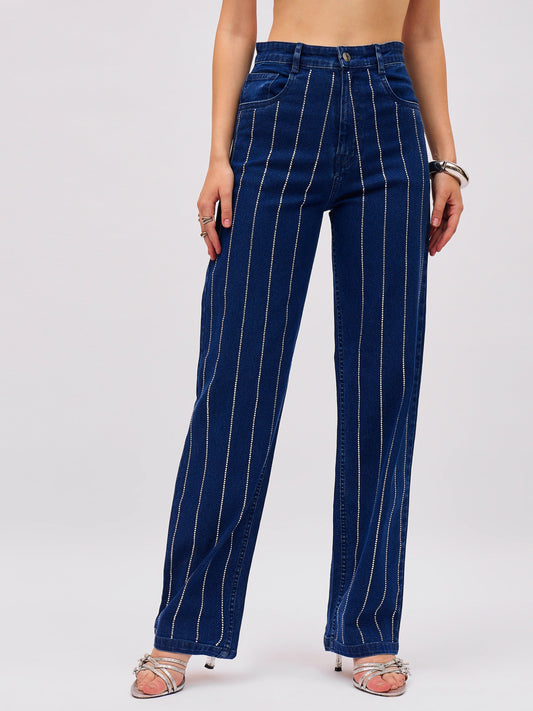 navy blue denim front stud straight fit jeans sassafras
