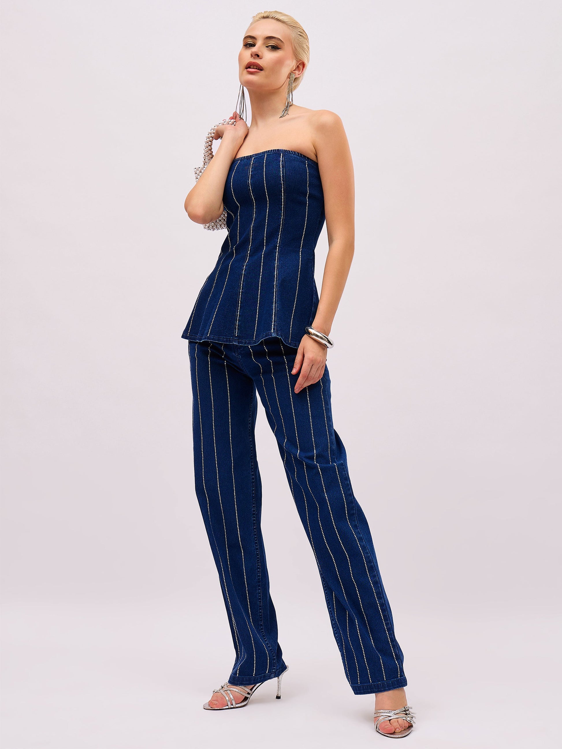 navy blue denim front stud straight fit jeans sassafras