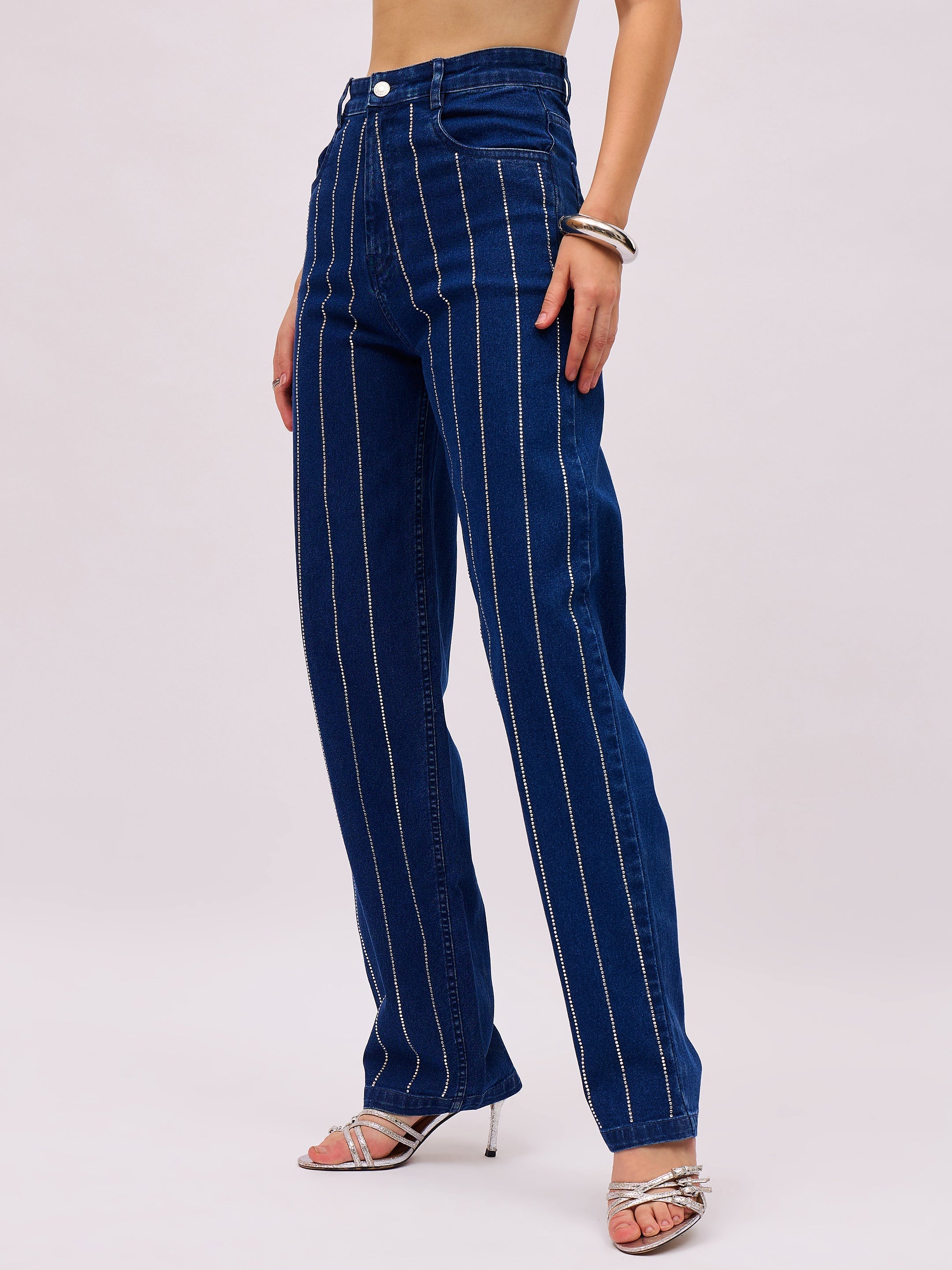 Navy Blue Denim Front Stud Straight Fit Jeans SASSAFRAS