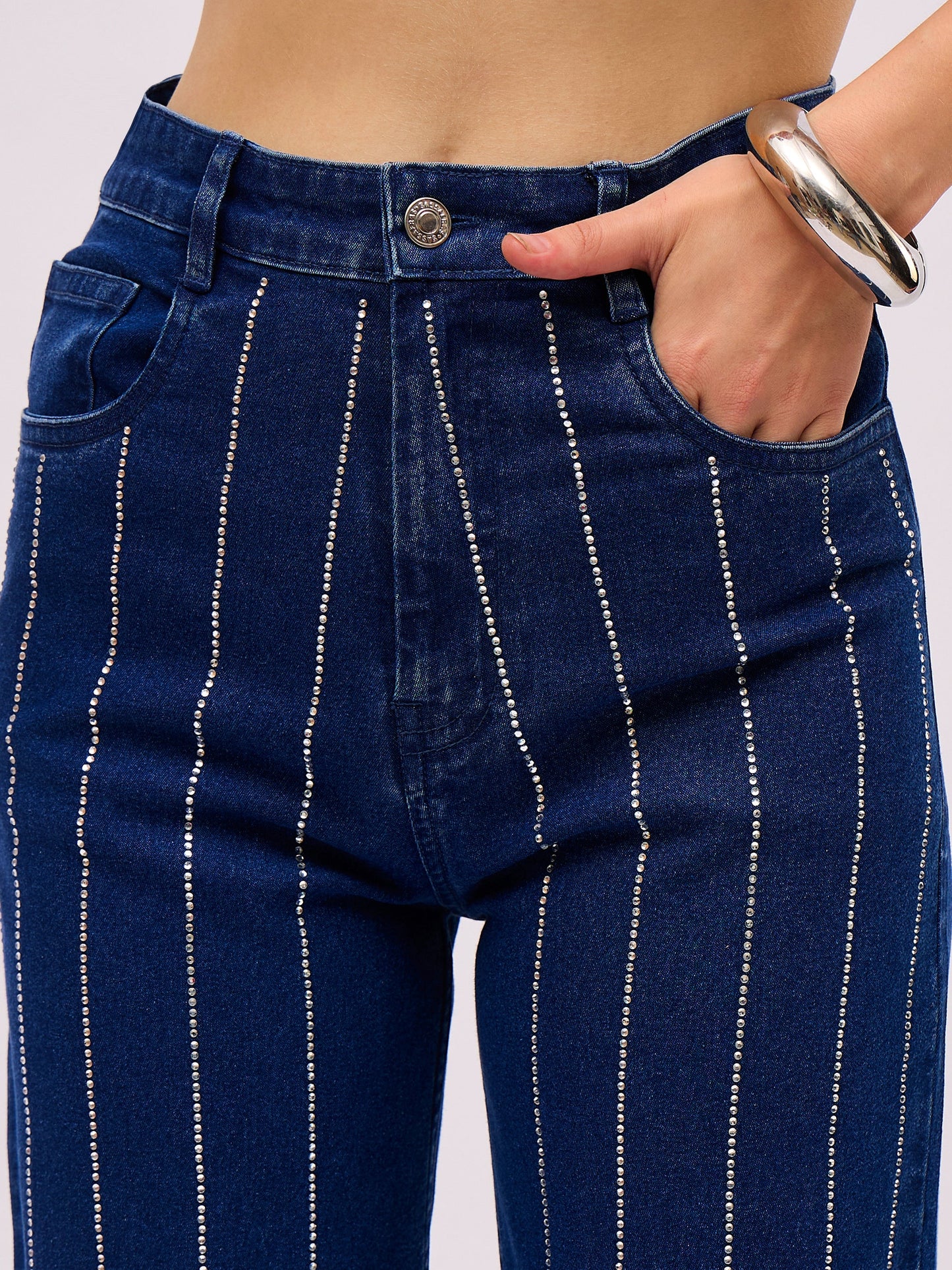 navy blue denim front stud straight fit jeans sassafras