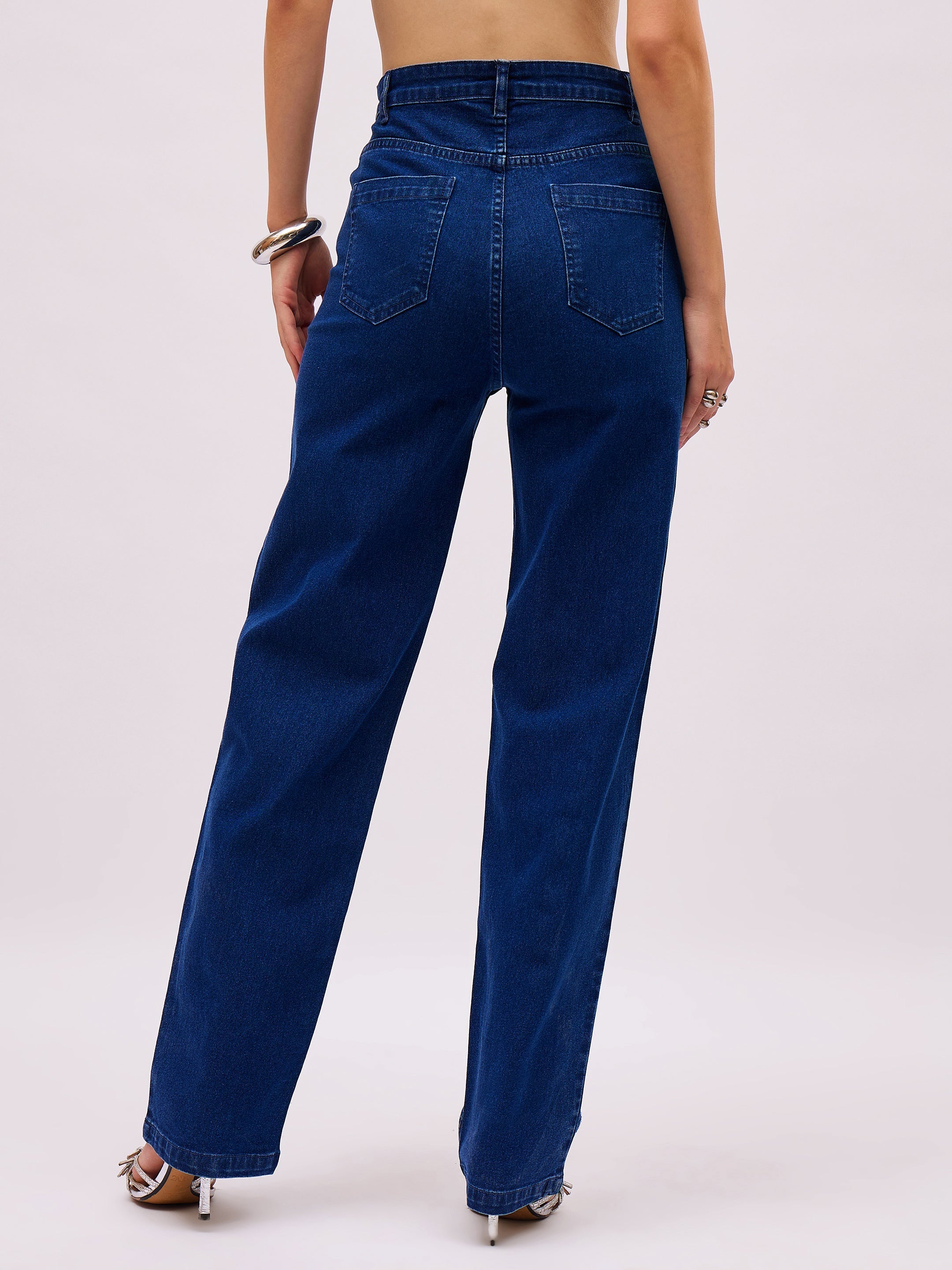Navy Blue Denim Front Stud Straight Fit Jeans SASSAFRAS