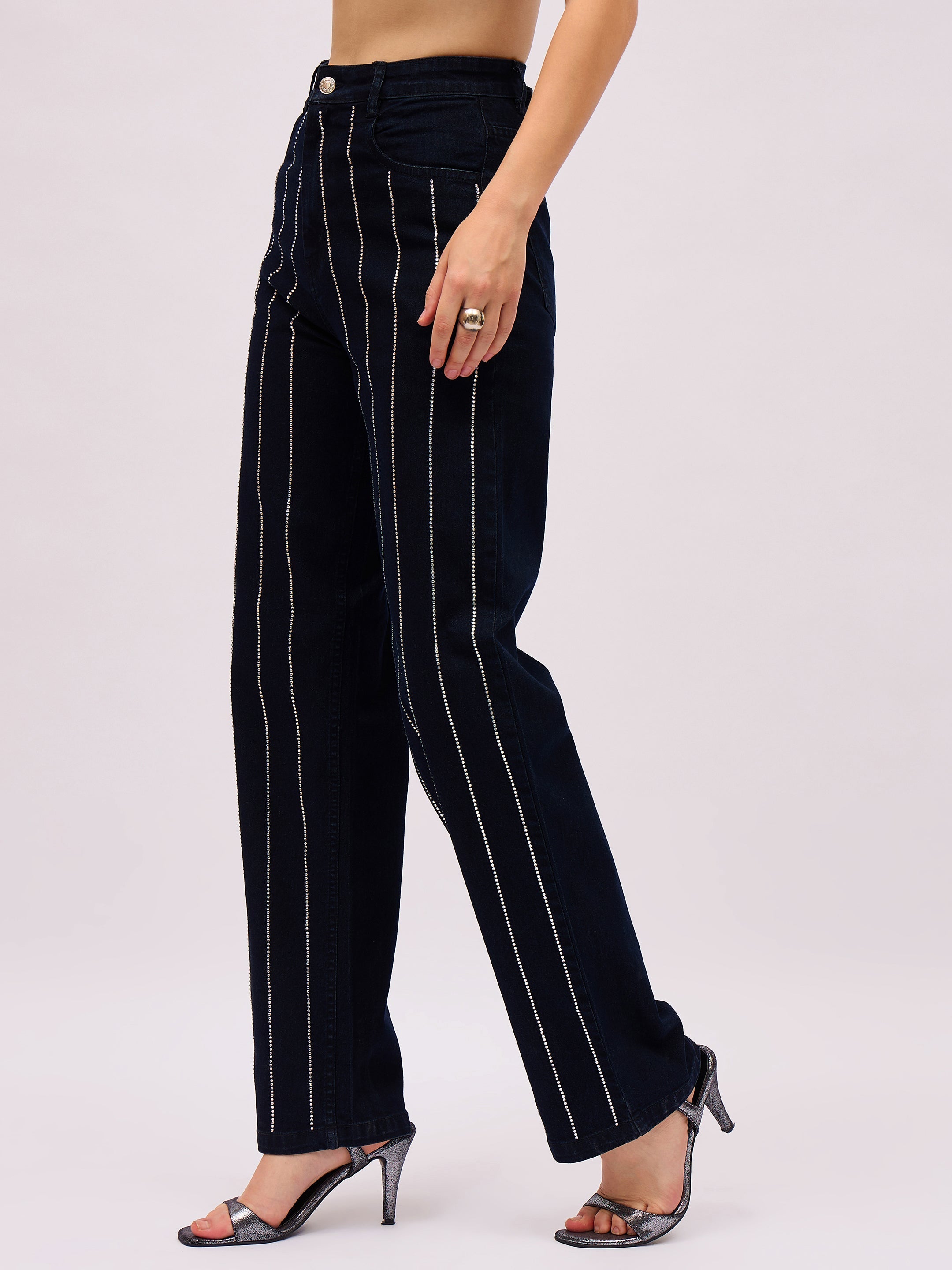 Jet Black Denim Front Stud Straight Fit Jeans SASSAFRAS