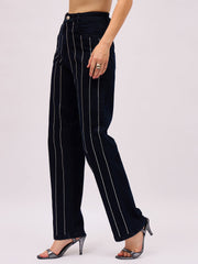 Jet Black Denim Front Stud Straight Fit Jeans SASSAFRAS