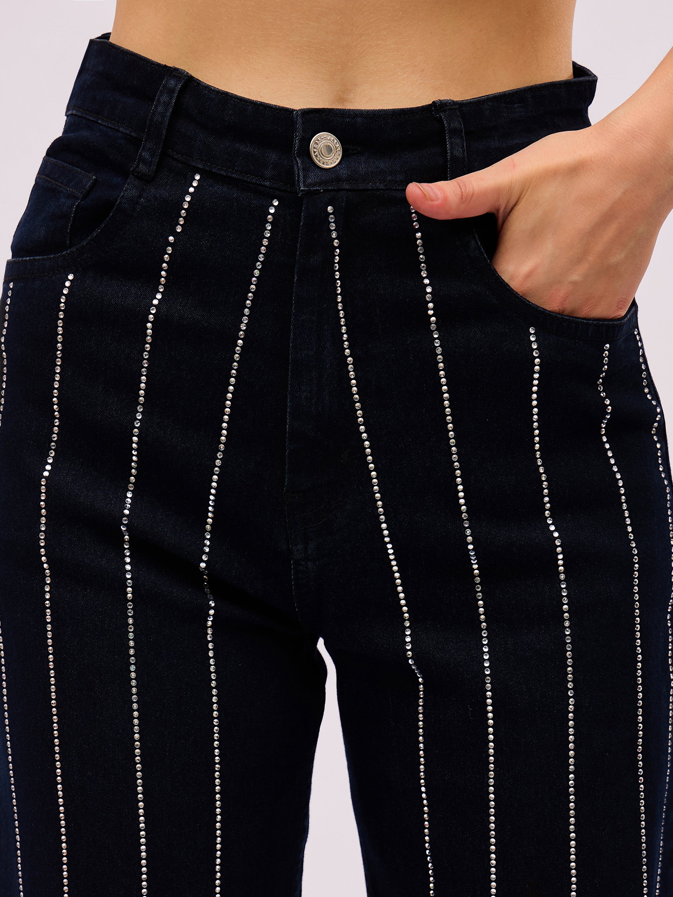 Jet Black Denim Front Stud Straight Fit Jeans SASSAFRAS