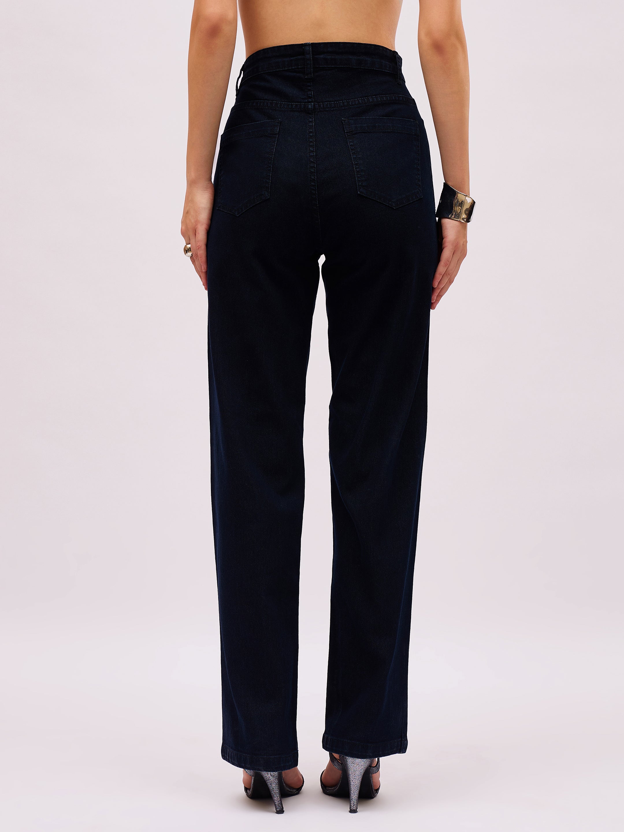 Jet Black Denim Front Stud Straight Fit Jeans SASSAFRAS