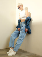 Ice Blue Wash High Rise Cargo Jeans SASSAFRAS