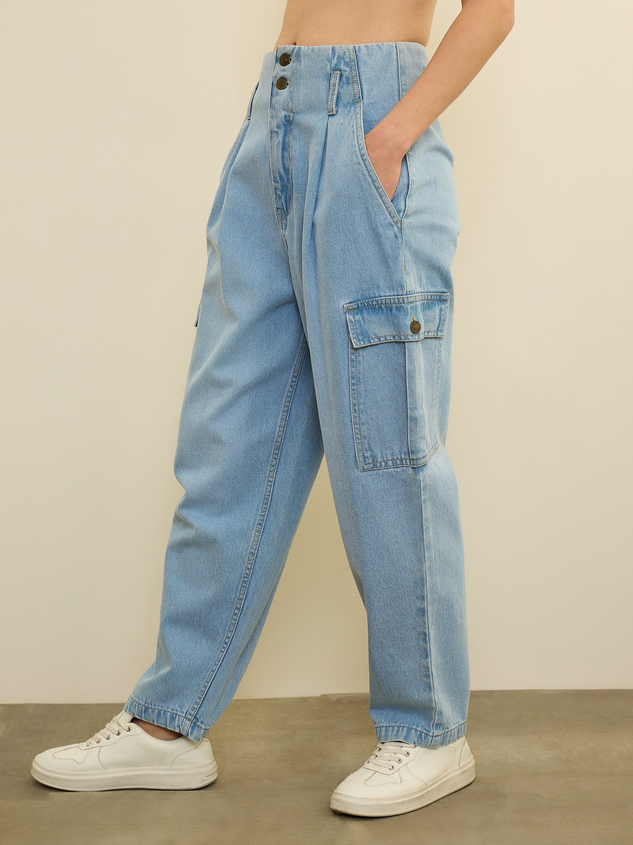 Ice Blue Wash High Rise Cargo Jeans SASSAFRAS
