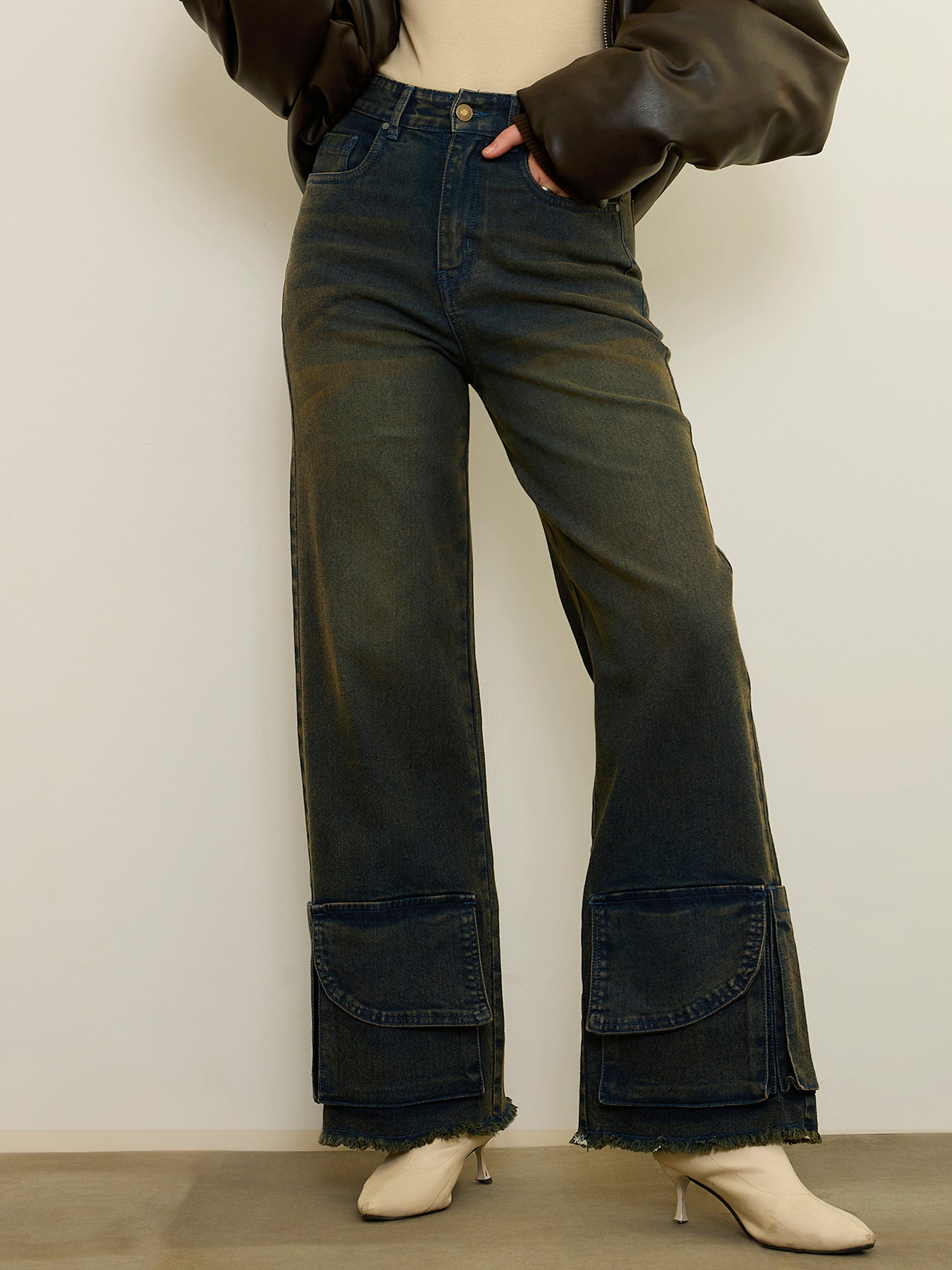 Blue Acid Wash Hem Pockets Straight Jeans SASSAFRAS