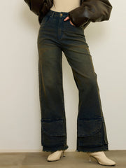 Blue Acid Wash Hem Pockets Straight Jeans SASSAFRAS