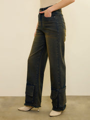 Blue Acid Wash Hem Pockets Straight Jeans SASSAFRAS