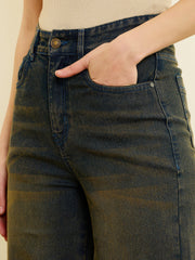 Blue Acid Wash Hem Pockets Straight Jeans SASSAFRAS