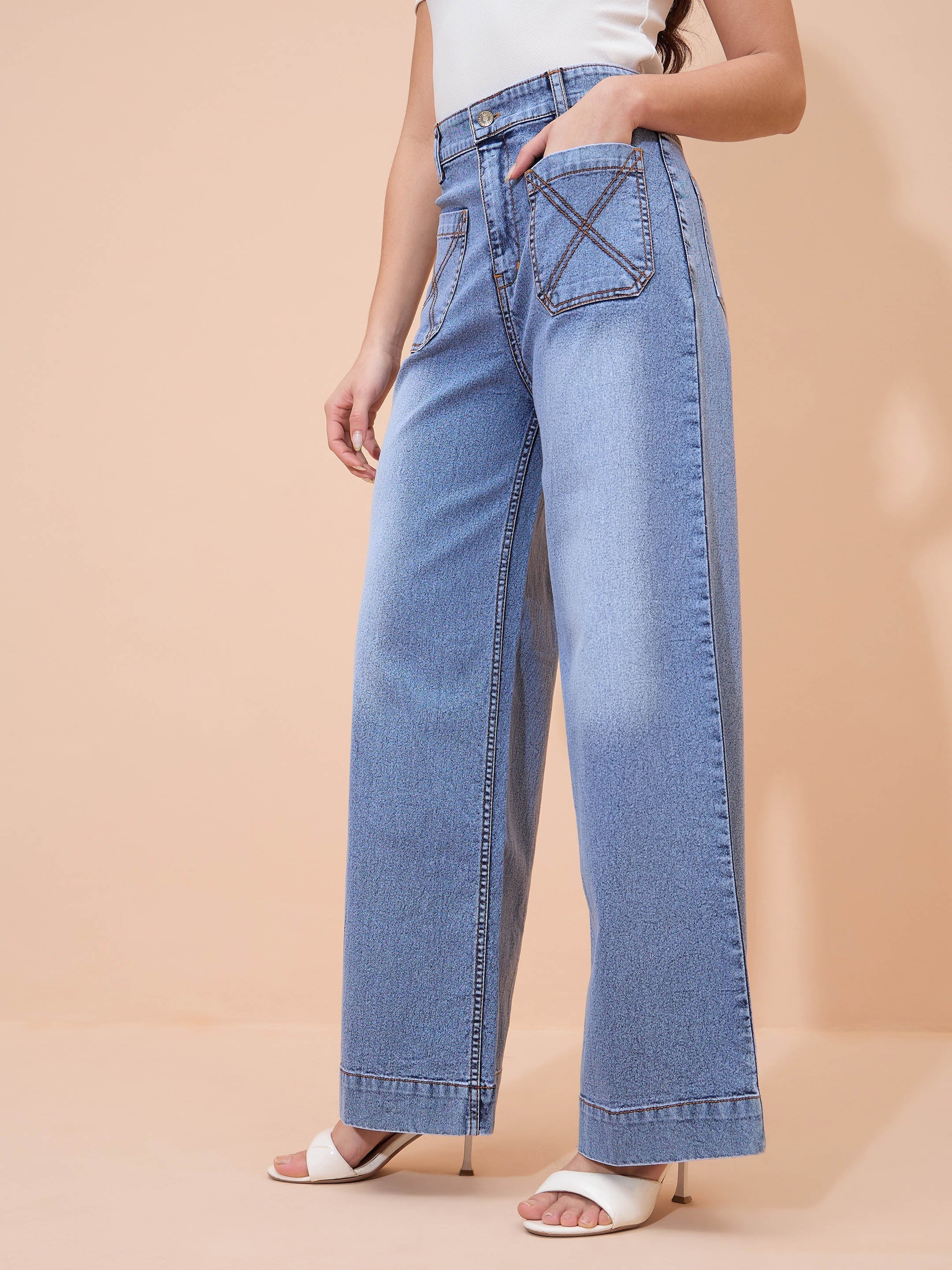 Blue Acid Wash Front Pocket Straight Fit Jeans SASSAFRAS