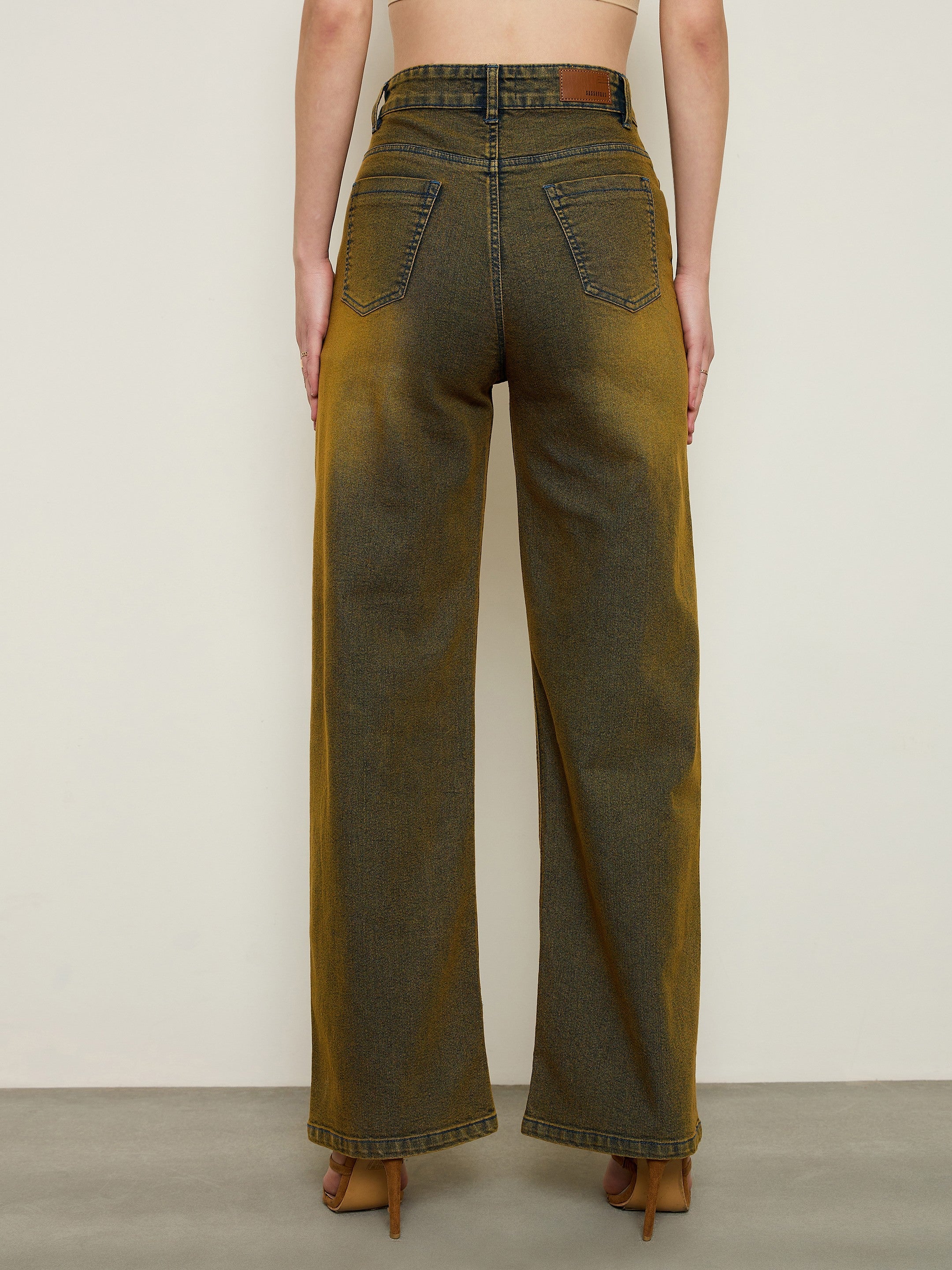 Women Rust Overdyed Wash High Waist Straight Jeans