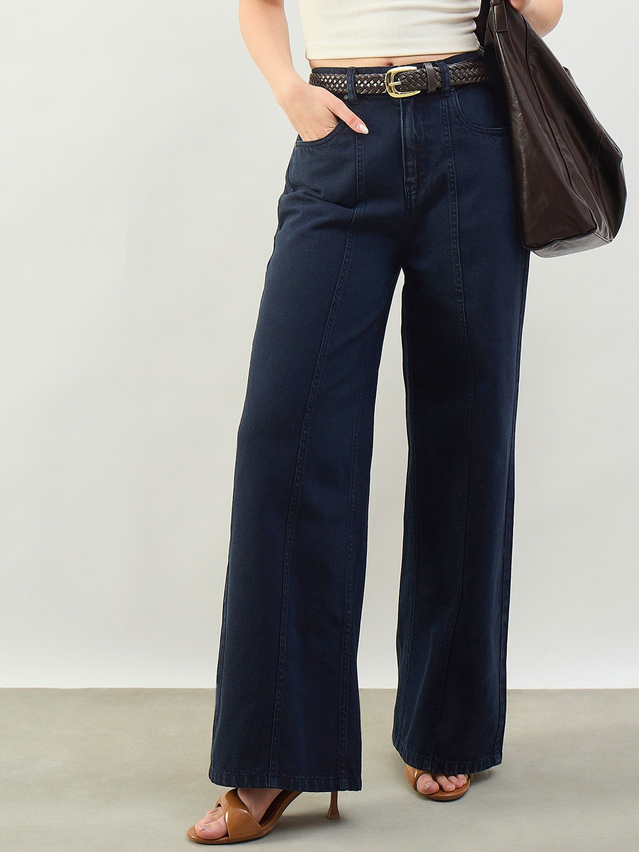 Women Navy High Waist Seam Detail Straight Jeans