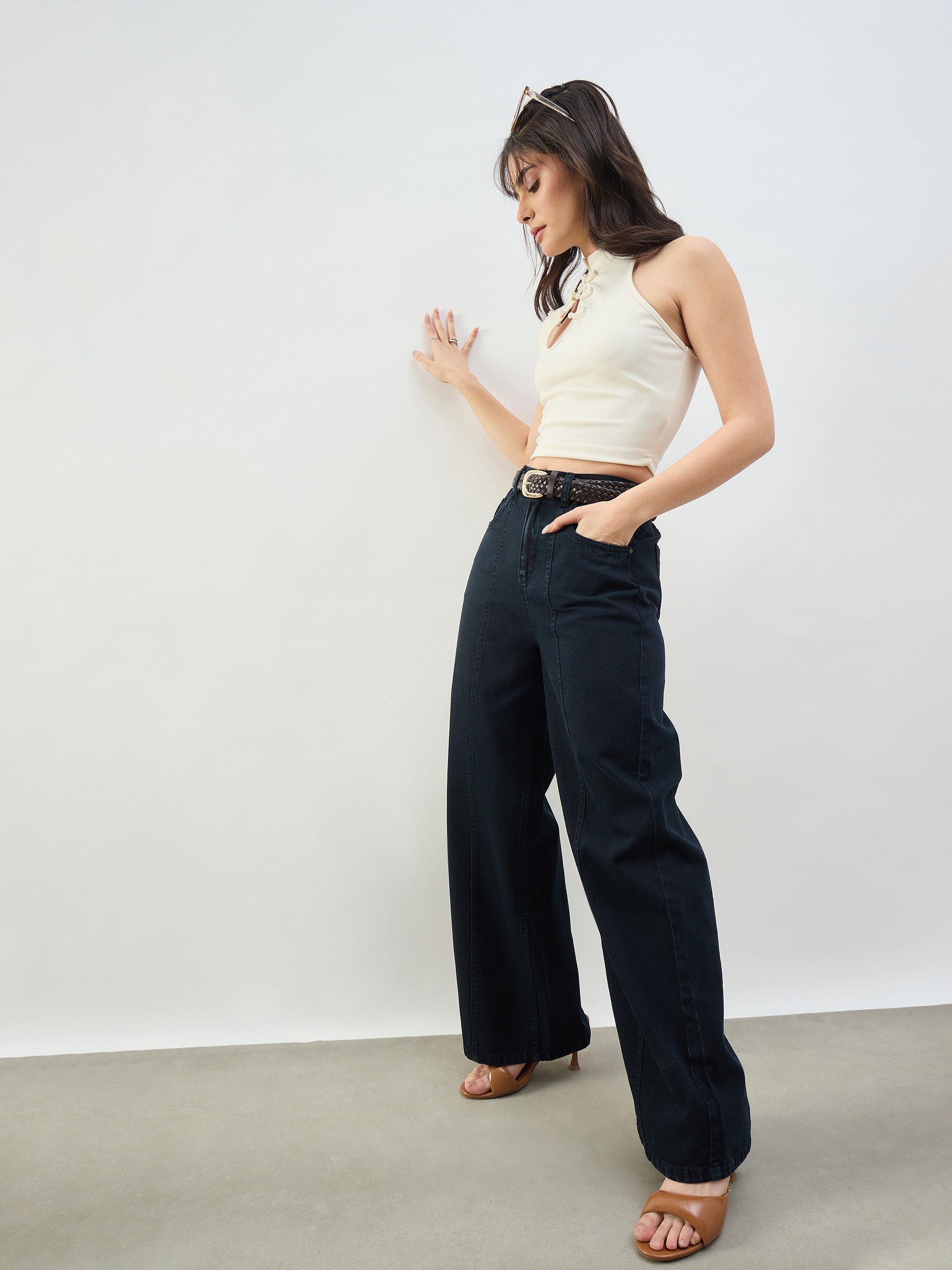 Women Navy High Waist Seam Detail Straight Jeans