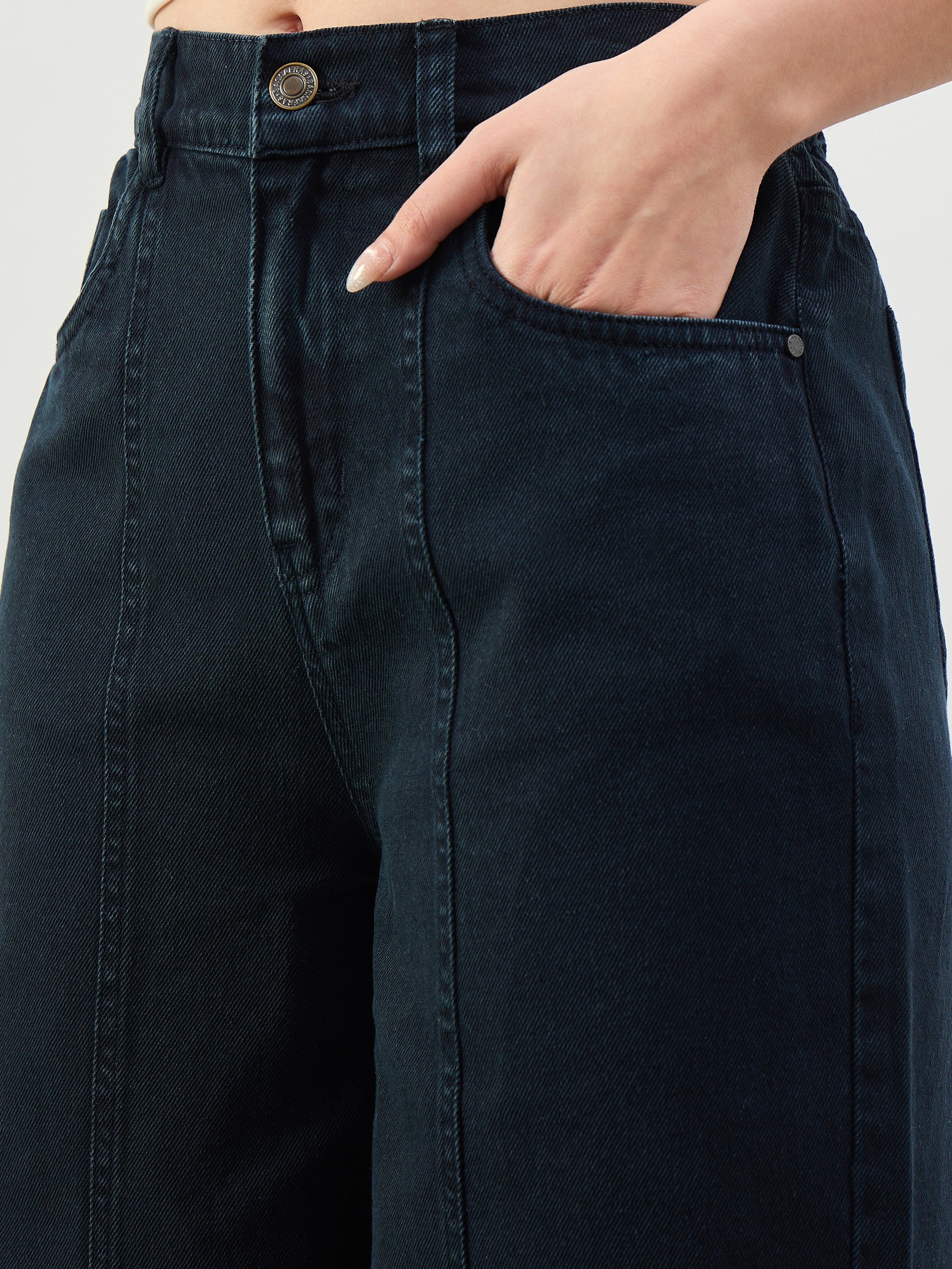 Women Navy High Waist Seam Detail Straight Jeans
