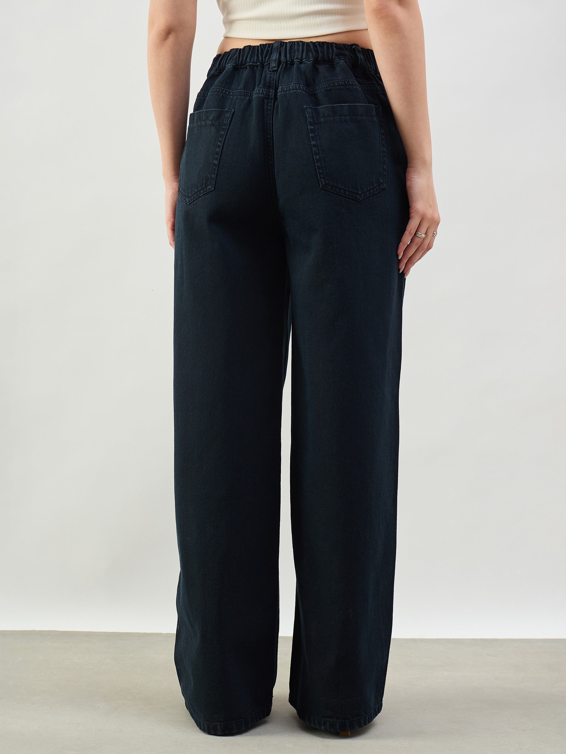 Women Navy High Waist Seam Detail Straight Jeans