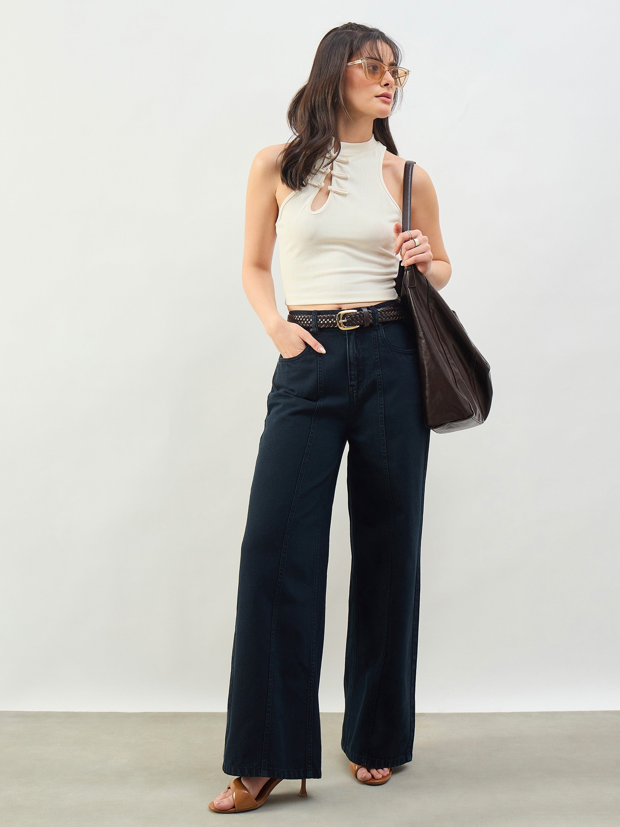 Women Navy High Waist Seam Detail Straight Jeans
