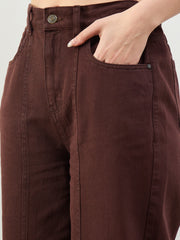 Women Brown High Waist Seam Detail Straight Jeans