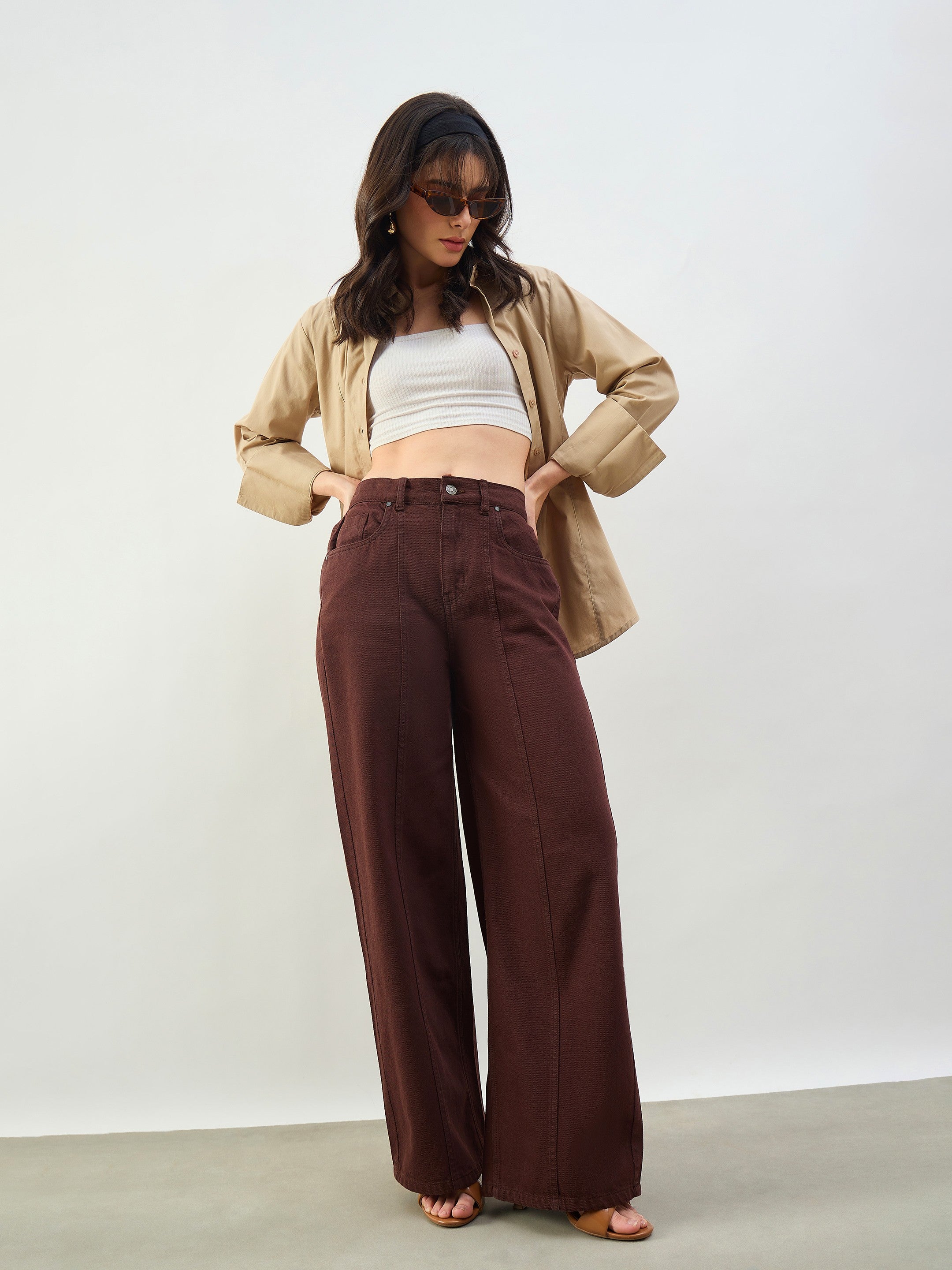 Women Brown High Waist Seam Detail Straight Jeans