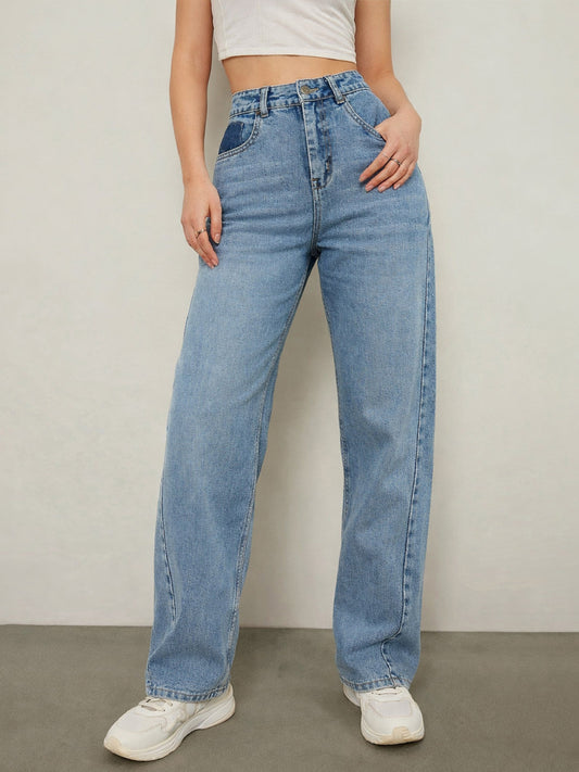 Women Blue Wash High Waist Straight Jeans