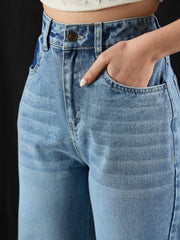 Women Blue Wash High Waist Straight Jeans