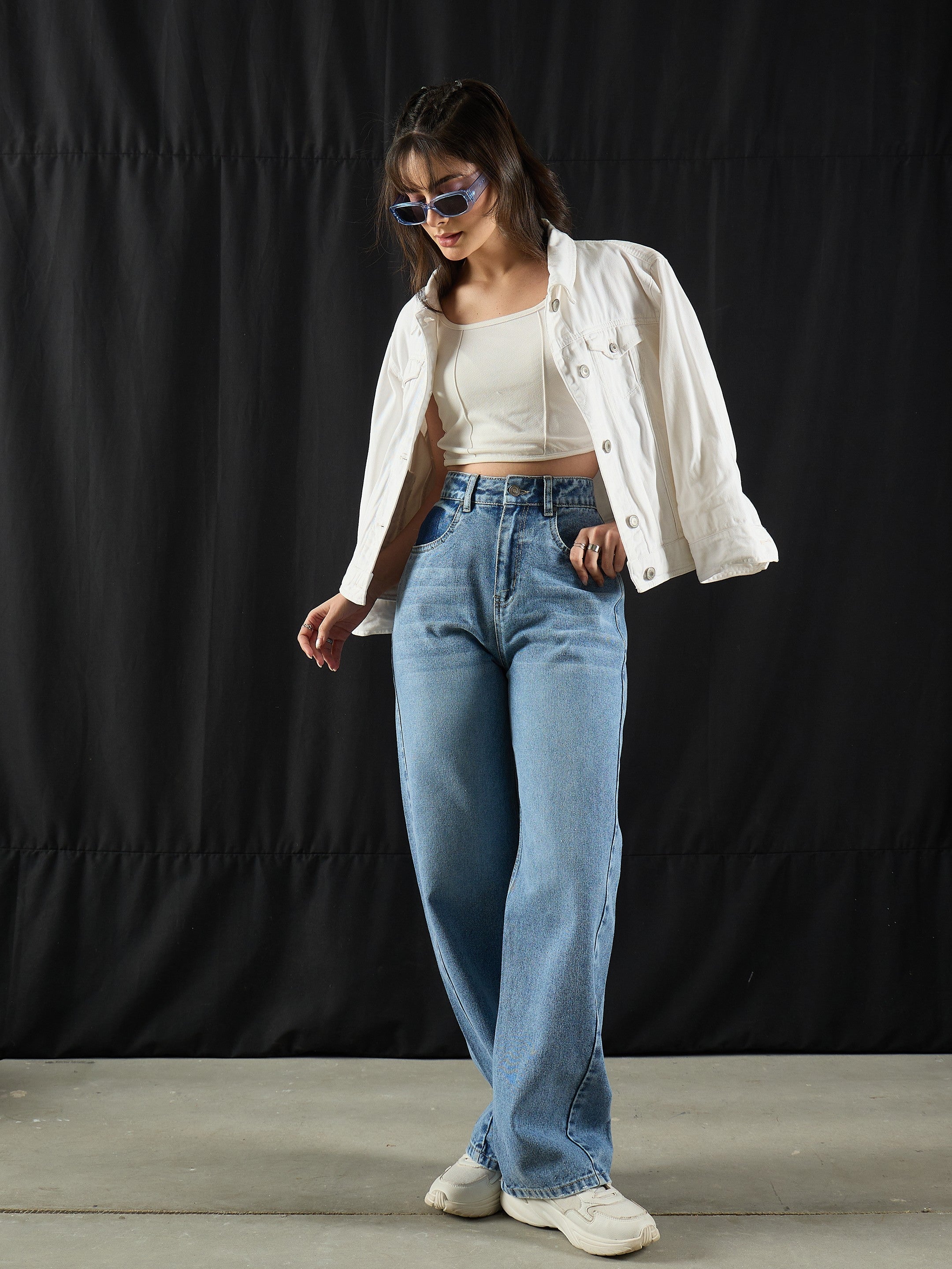 Women Blue Wash High Waist Straight Jeans