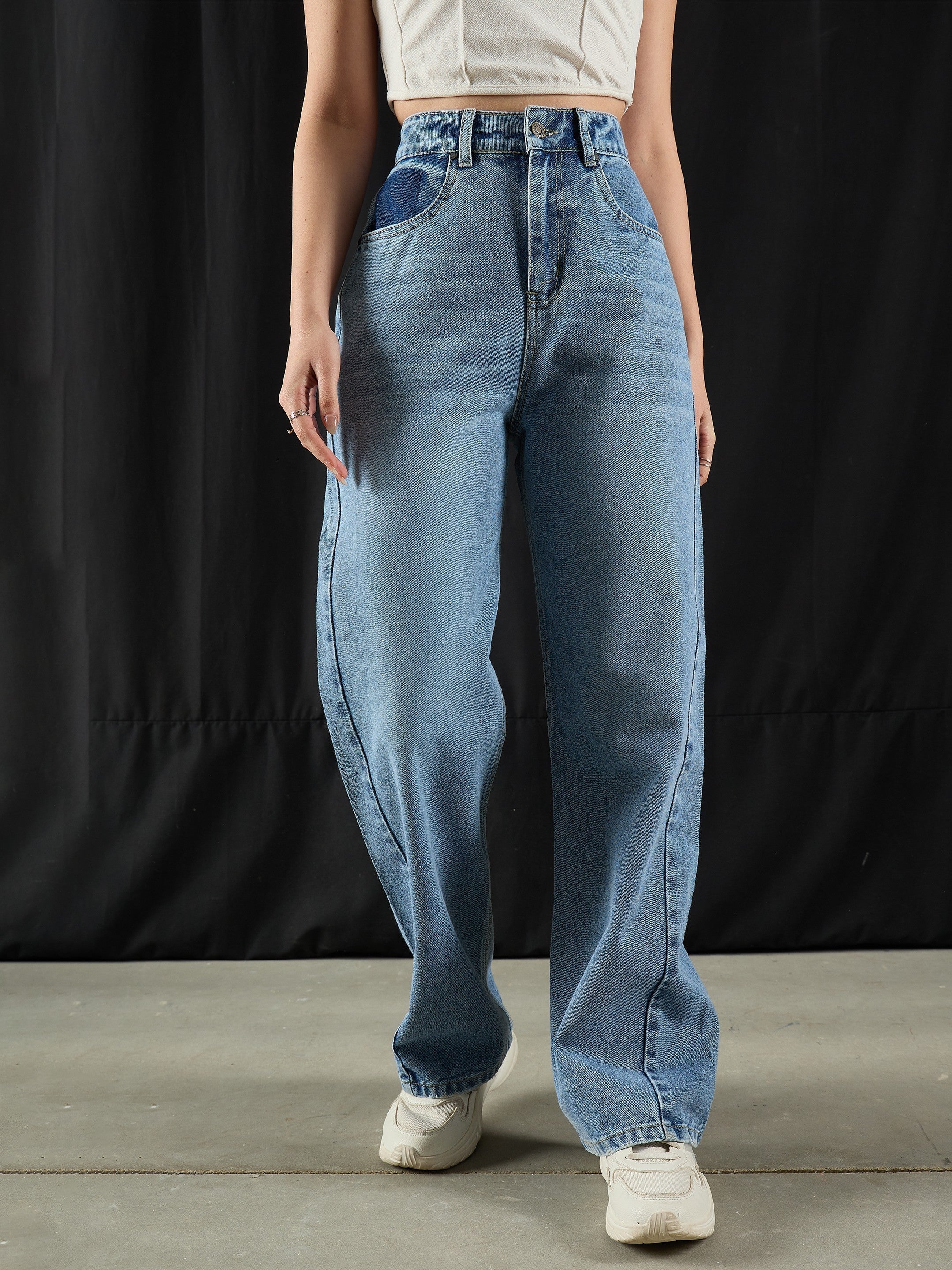 Women Blue Wash High Waist Straight Jeans