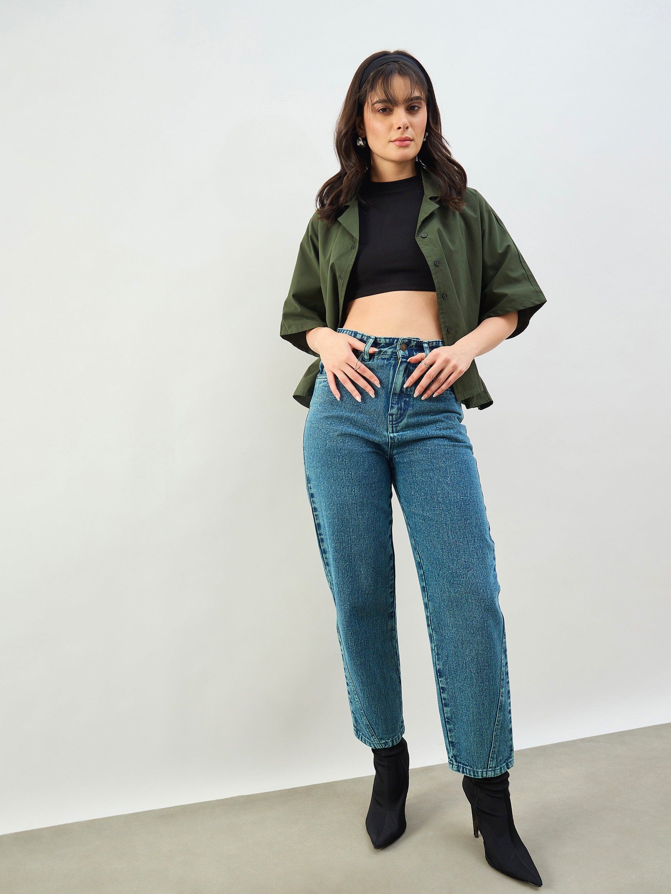 Women Green Wash Balloon Fit Jeans